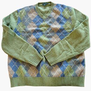 J. Crew 100% Wool V-Neck Argyle Pullover XL EUC